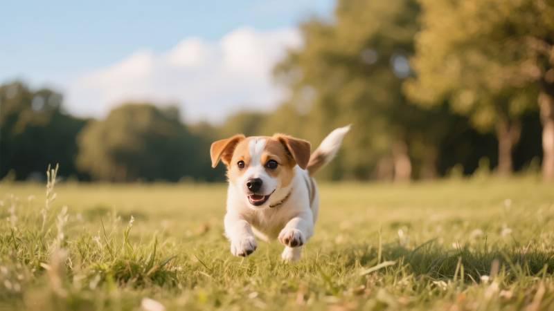 小狗奔跑在草地上图片