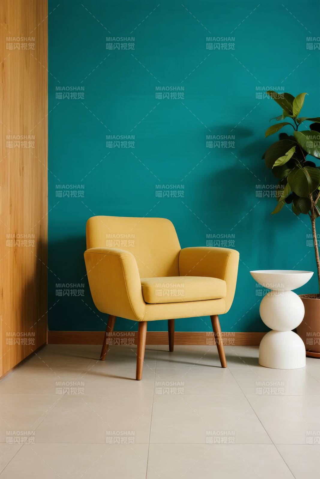 黄椅绿墙静谧角图片