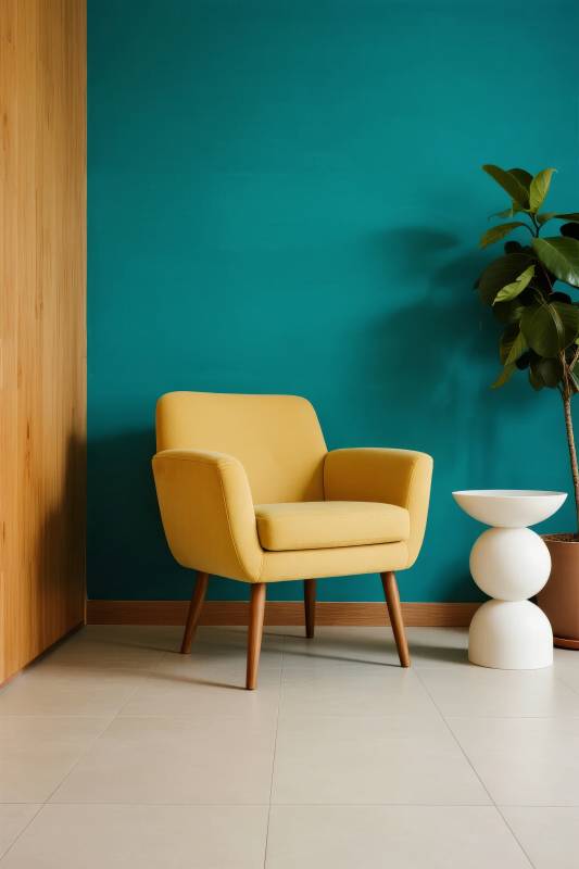 黄椅绿墙静谧角图片