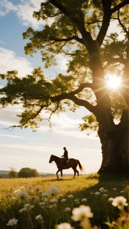 夕阳下的骑马人图片