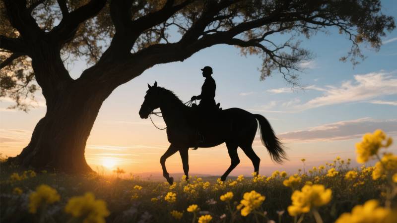 夕阳下的骑马剪影图片