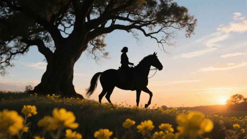 夕阳下骑马剪影图片