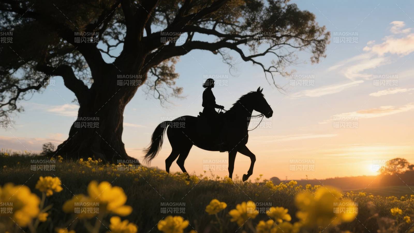 夕阳下骑马剪影图片