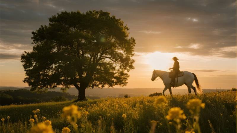 夕阳下骑马归途图片