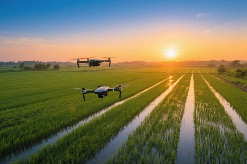 无人机耕作稻田图片