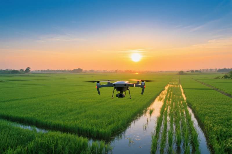 无人机耕作稻田图片