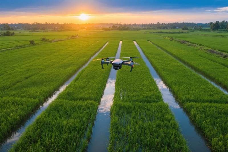 无人机耕作稻田图片