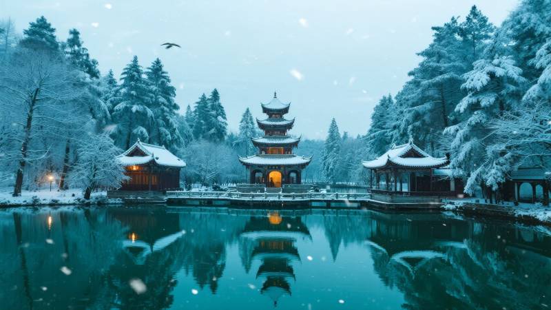 雪夜古亭映湖光图片