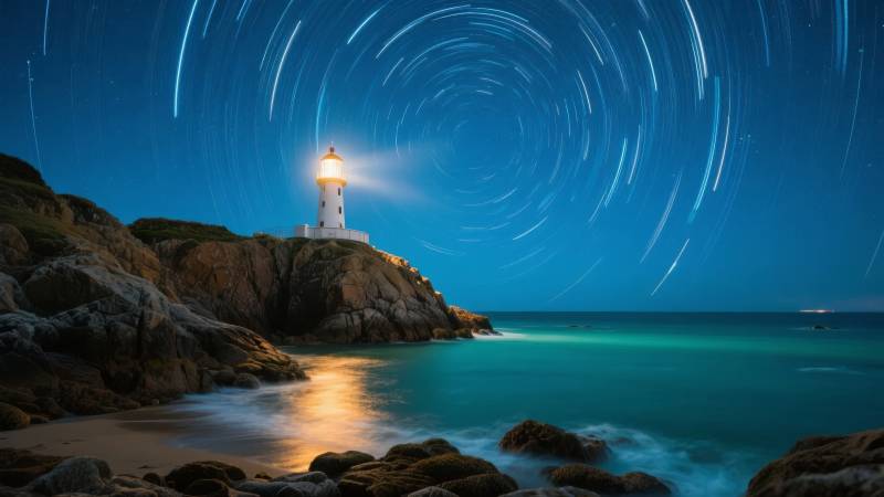 灯塔星轨夜景图片