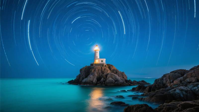 灯塔星轨夜景图片