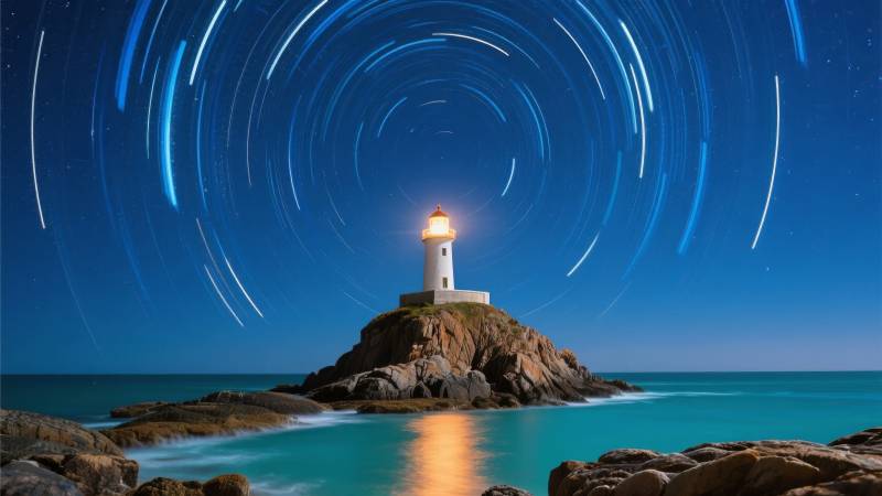 灯塔星轨夜景图片