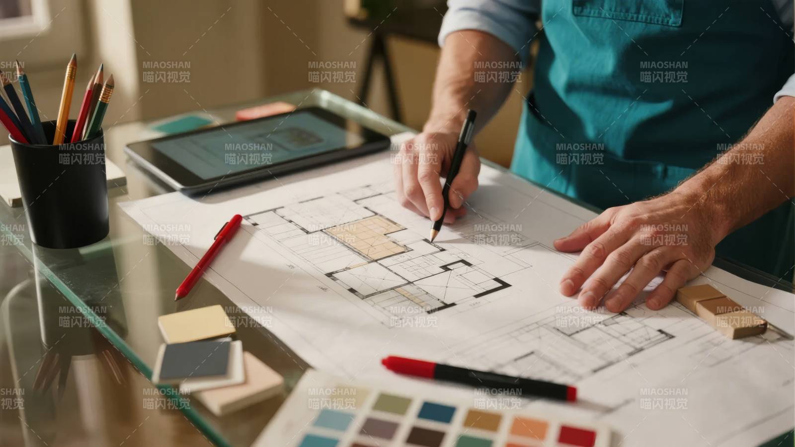 设计师绘制建筑图纸图片