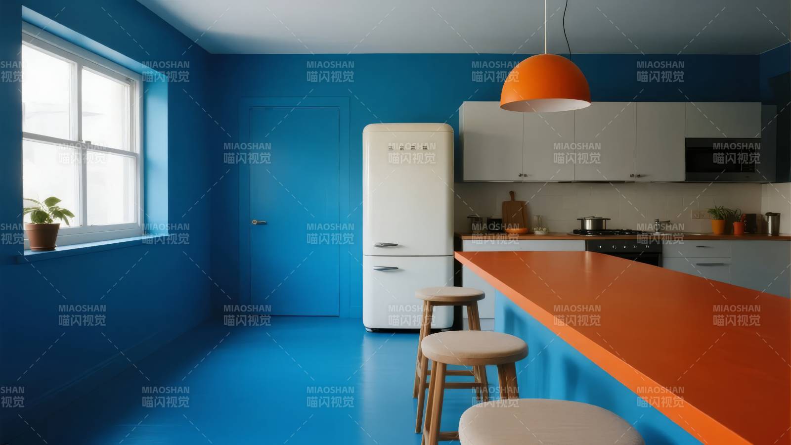 蓝色厨房 橙色点缀图片
