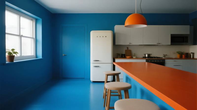 蓝色厨房 橙色点缀图片