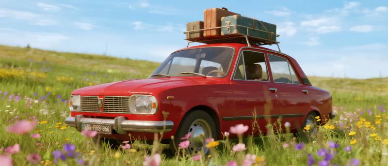 红车野花丛中行图片