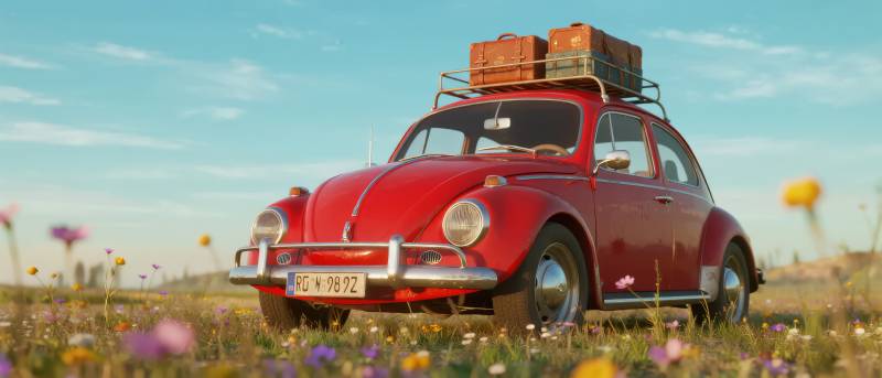 红色甲壳虫车野花丛中图片