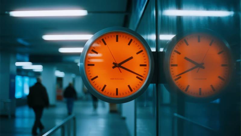 橙色时钟映照走廊图片