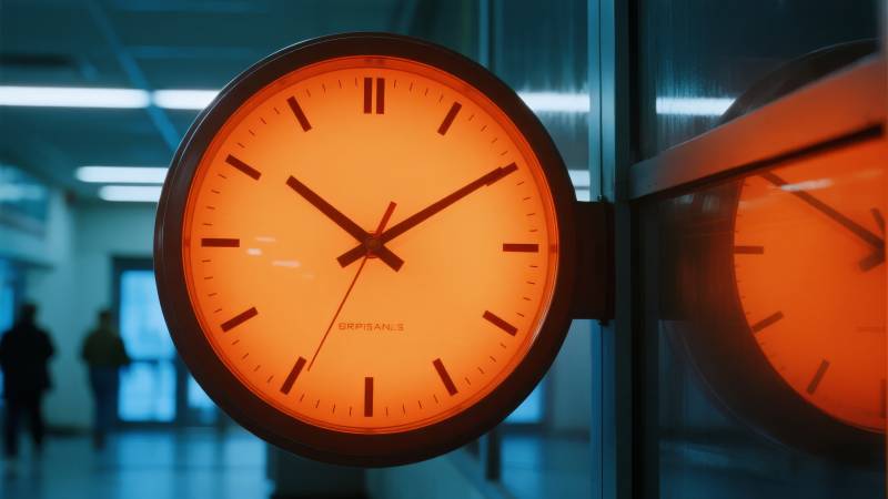 橙色时钟映照走廊图片