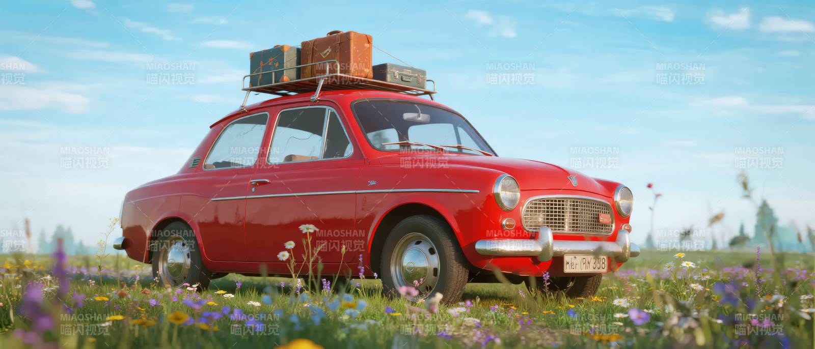 红色老车野花丛中图片