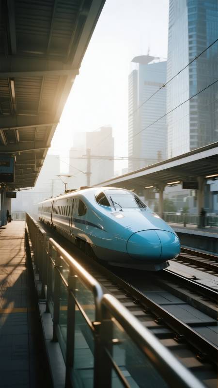 高铁进站 城市晨光图片