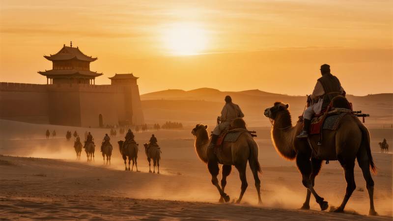 驼铃声中夕阳下图片