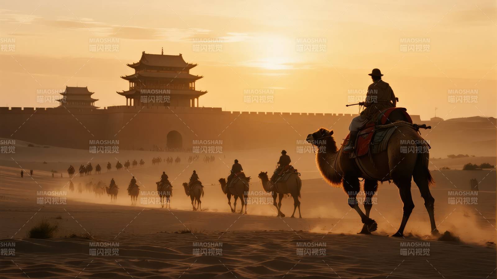 沙漠驼铃古关落日图片