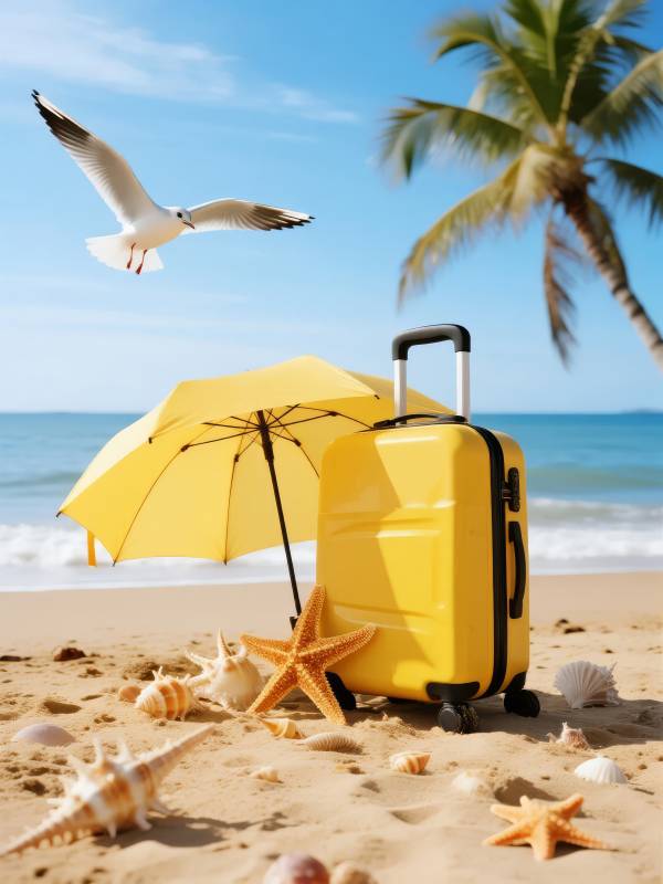 沙滩上的黄色行李箱图片