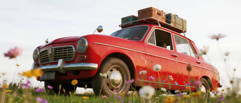 红色复古车野花丛中图片