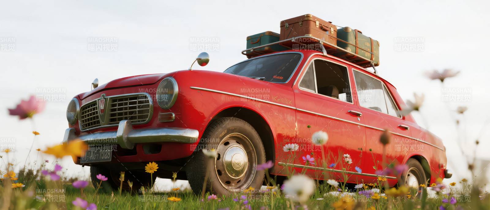 红色复古车野花丛中图片