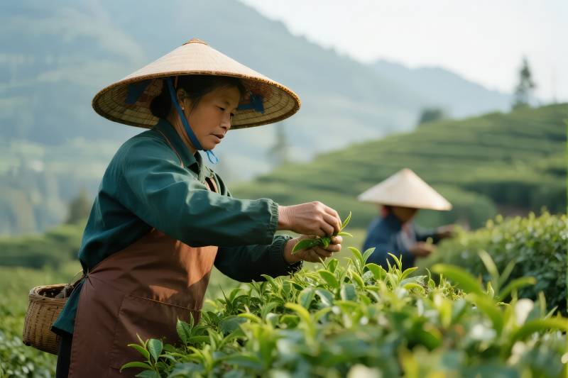 采茶女在茶园劳作图片