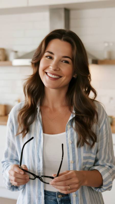 微笑女子手持眼镜图片