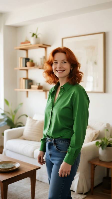 绿衣红发女子微笑图片