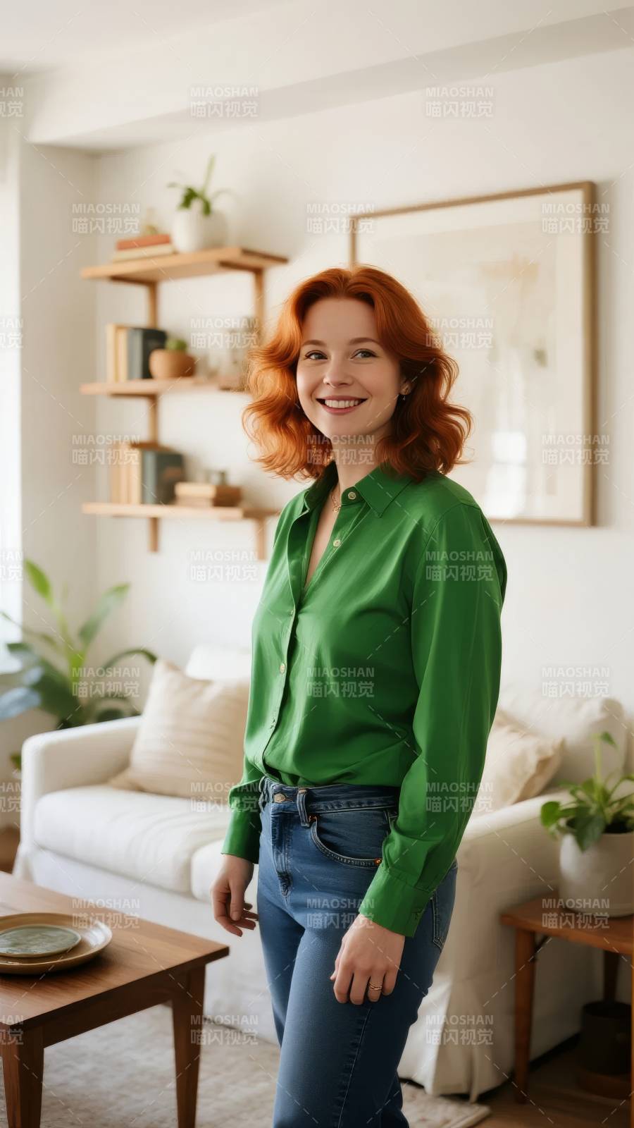 绿衣红发女子微笑图片