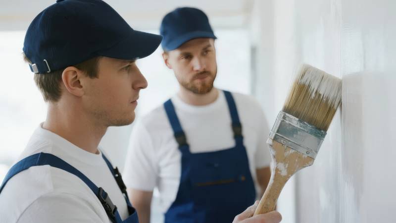 油漆工在粉刷墙壁图片