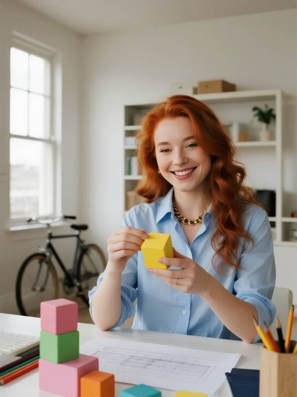 红发女子玩积木图片