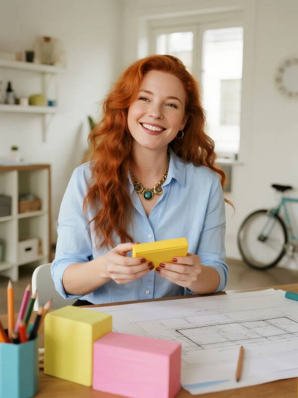 红发女子办公桌前微笑图片