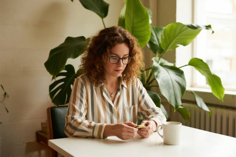 窗边女子品茶静思图片