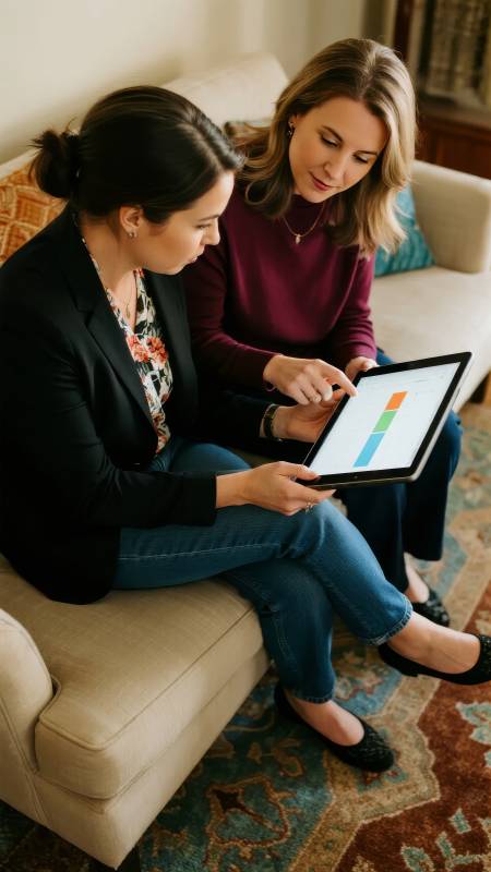 两人共览平板图表图片