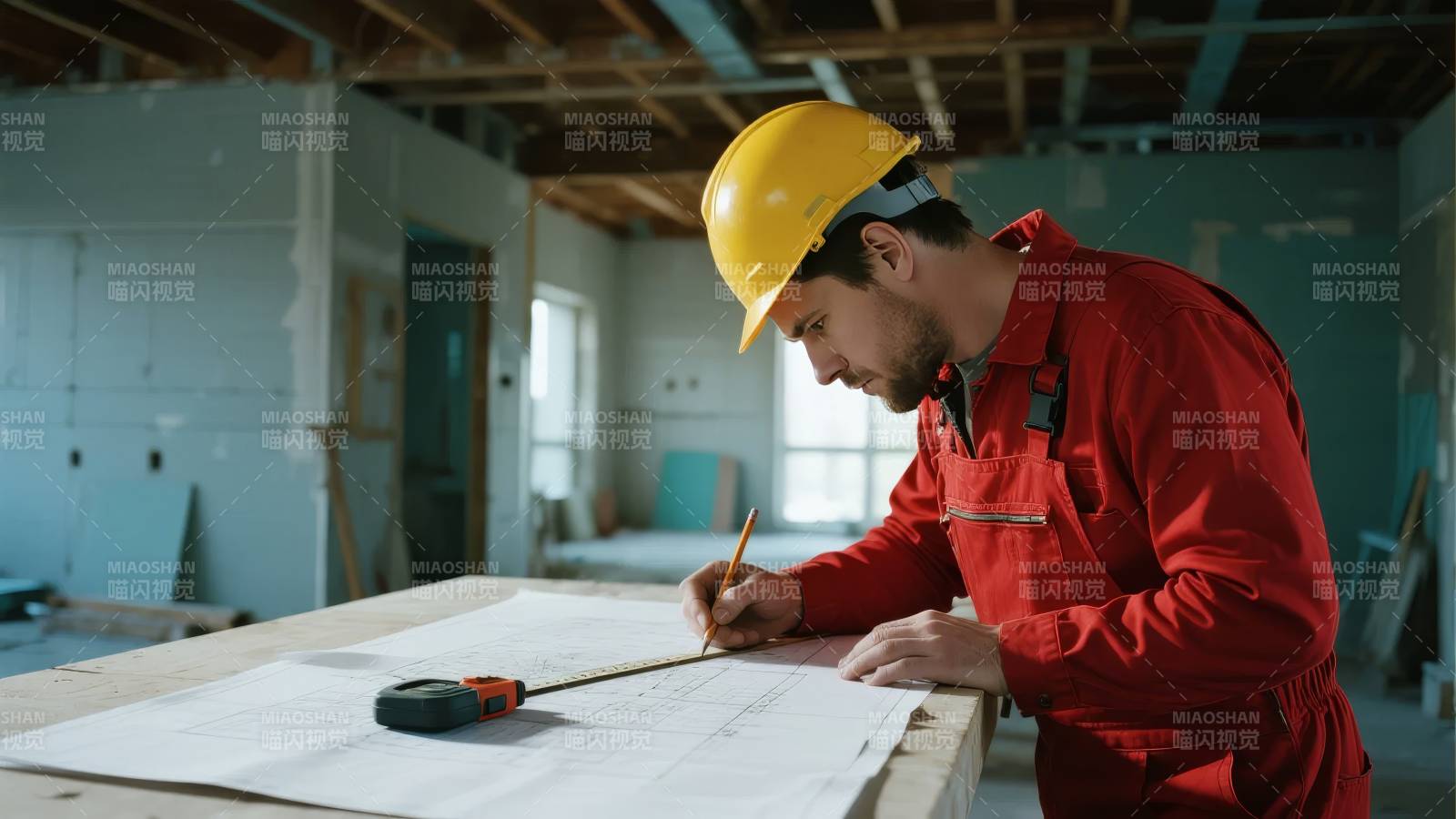 工人审阅建筑图纸图片