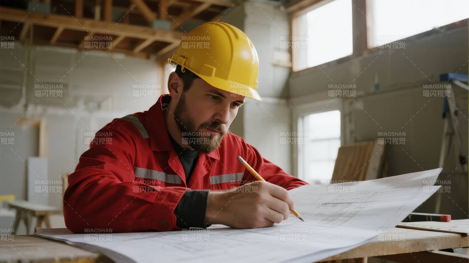 工人审阅建筑图纸图片