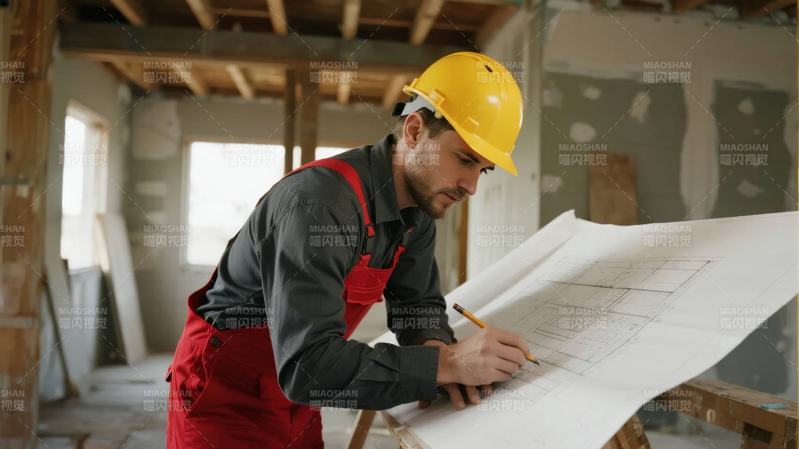 工人审阅建筑图纸图片