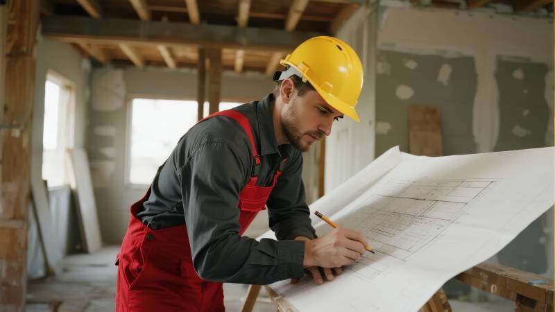 工人审阅建筑图纸图片
