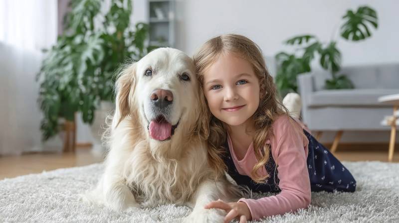 小女孩与金毛犬温馨相伴图片