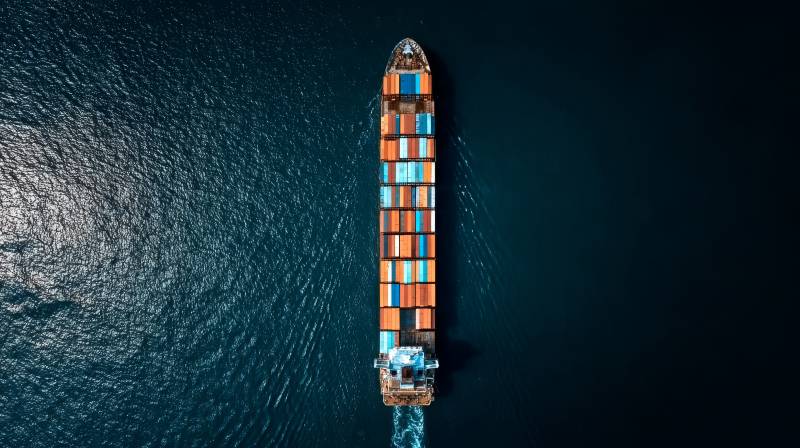 航拍货轮海上航行图片