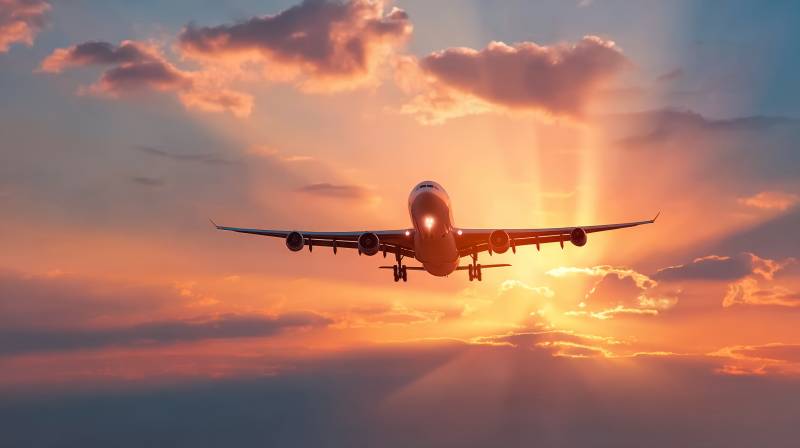 夕阳下的飞机剪影图片