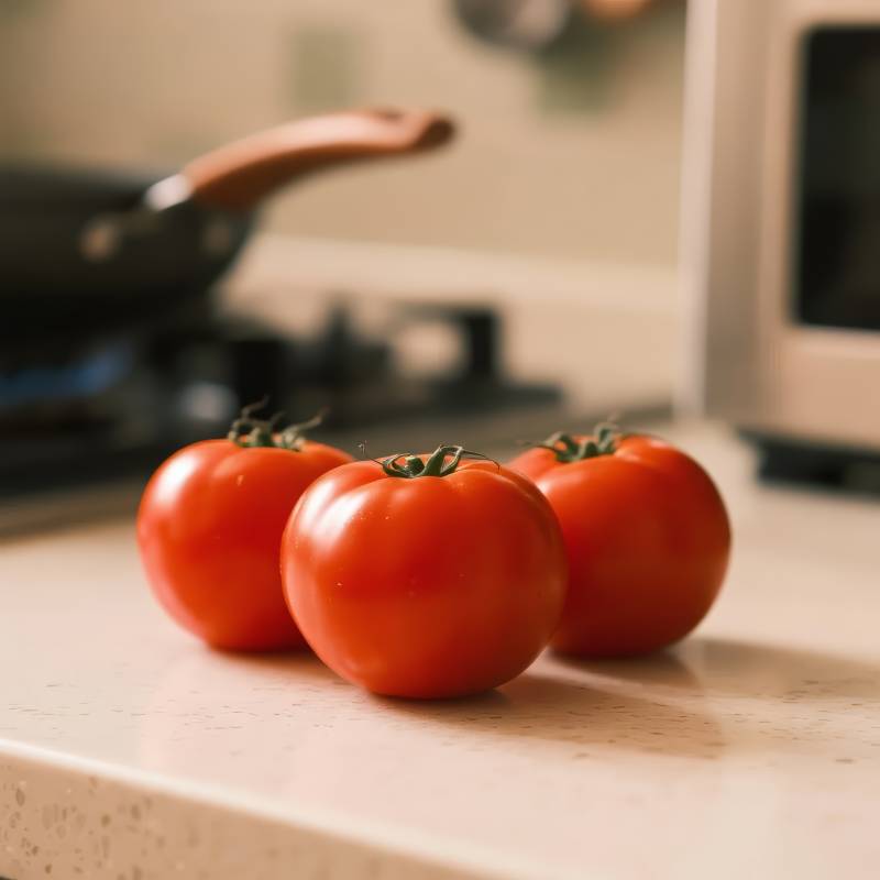 三颗红番茄静置台面图片