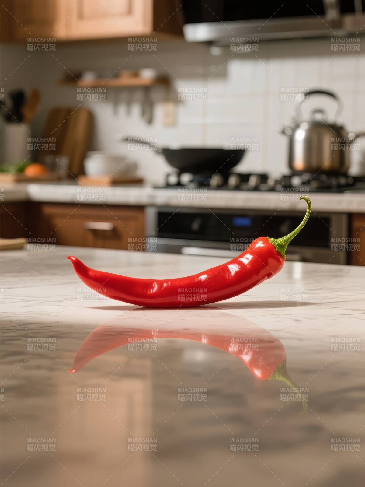 红椒静置于厨房台面图片