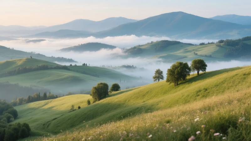 晨雾缭绕的山丘图片