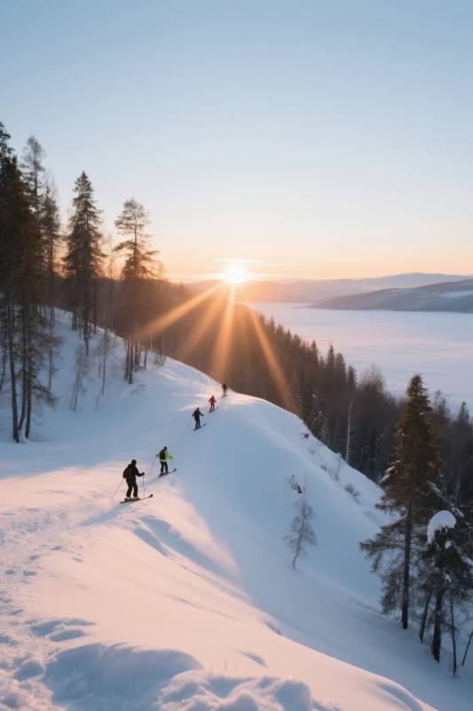 雪坡日落滑雪人图片