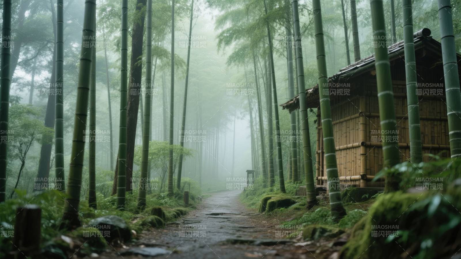 竹林幽径 雾中古屋图片